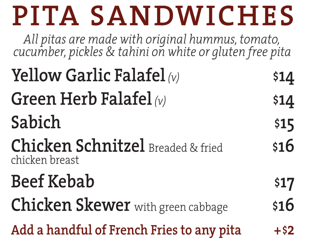 Menu Oren's Hummus Express